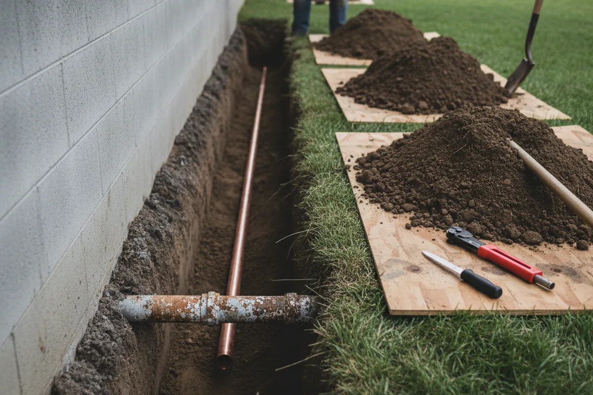 Excavated water line trench during Sewer Line Repair in Timpson